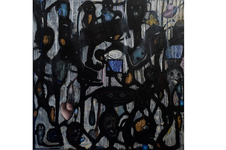 Chasseurs-cueilleurs 1 tech. mixte sur toile 150 x 150 cm