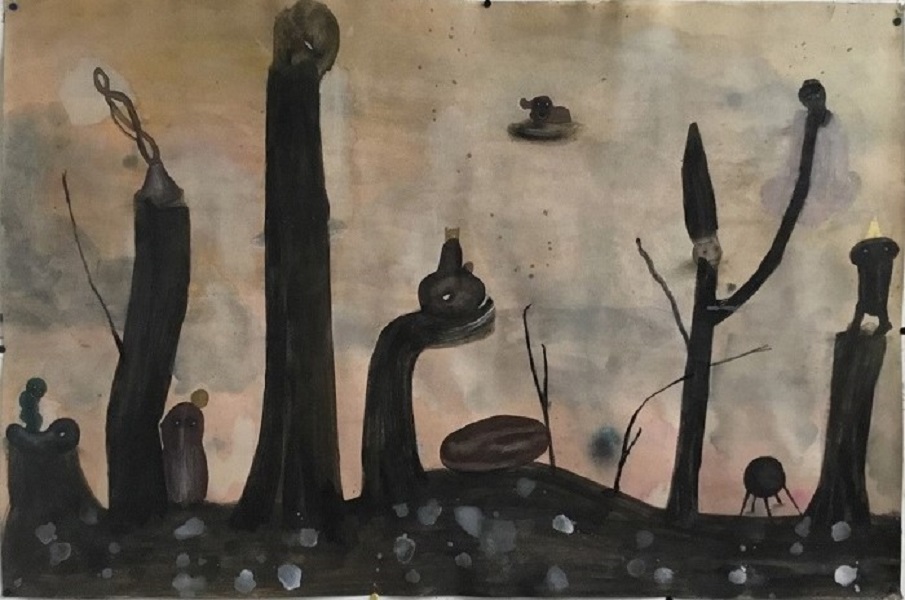 Aquarelle et craies sur carton d'encadrement 120 x 80 cm 2025