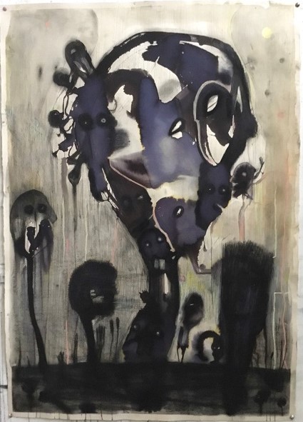 L.A. Tech. mixte sur papier (pierre noire ,aquarelle, crayon) 100 x 70 cm 2024